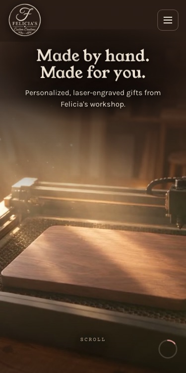 Felicia's Custom Creations homepage on a phone