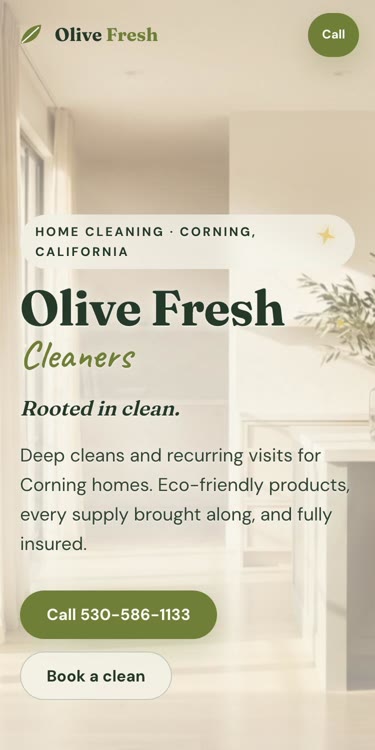 Olive Fresh Cleaners homepage on a phone